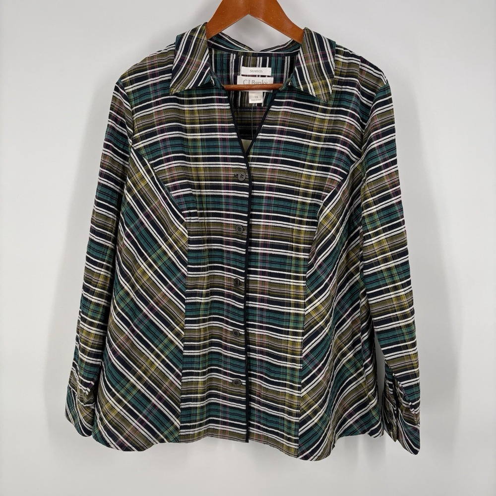 CJ Banks Women Woven Top 1X Colorful Plaid Collared Cotton Stretch Resort Career